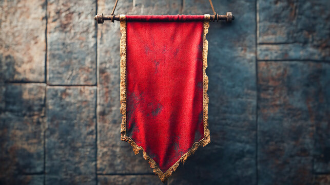 Red medieval flag hanging vertically on a blank pole, game design, mockup, isolated, pennon, medieval, vertical, flag, red, hanging,design, mockup, template, poster, banner, background