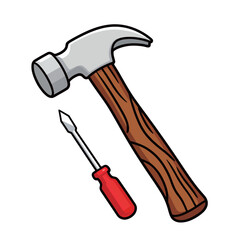 A detailed cartoon vector illustration of a hammer and screwdriver, representing home repair, construction, tools, and professional craftsmanship.