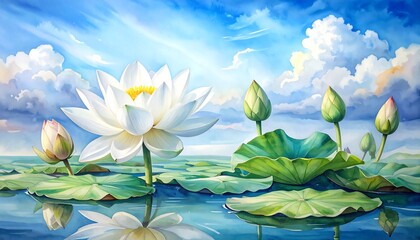 A serene painting showcases a white lotus flower blooming amongst lily pads in a tranquil pond under a blue, cloudy sky