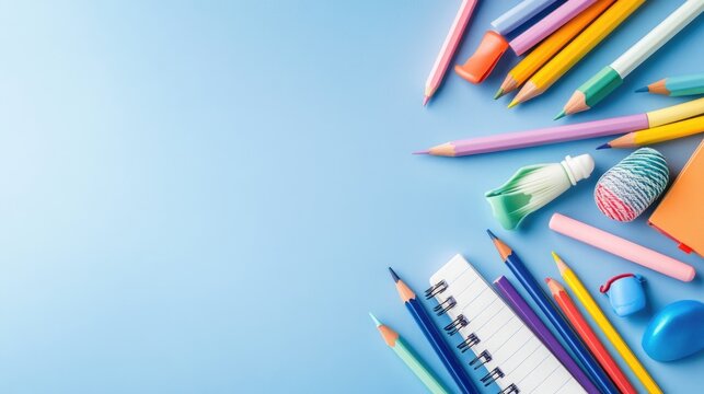 Colorful pencils on blue background with eraser and blank paper for art and creativity concepts