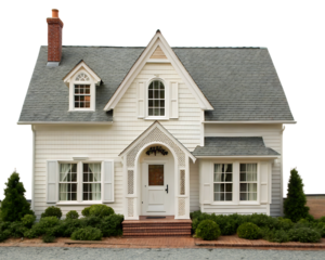 Charming white house with manicured garden white background, isolated on transparent background