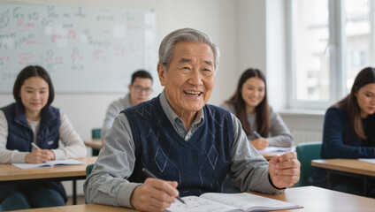 Obraz premium Elderly Asian man smiling in classroom with students