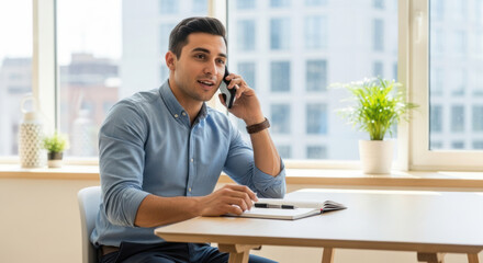 Young Hispanic businessman talking on a smartphone while sitting at a desk in a modern, sunlit office.