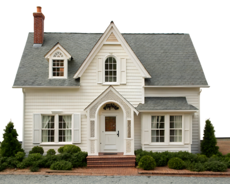 Charming white house with manicured garden white background, isolated on transparent background