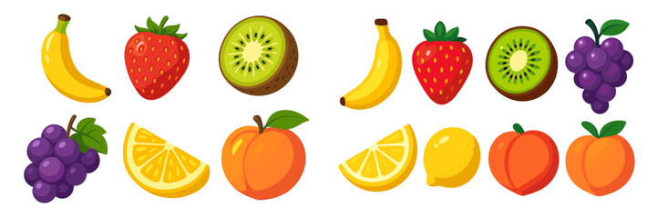 Bright and juicy fruit set with banana, strawberry, kiwi, grapes, lemon, and peach for healthy eating concepts and natural food designs