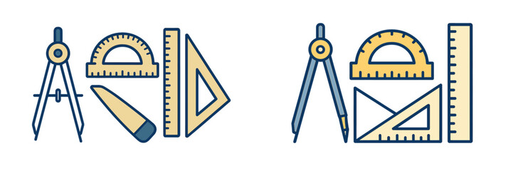 Essential geometric drawing tools including compass, protractor, ruler, and set square for school, architecture, and design