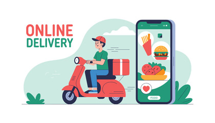 Digital Delivery Delight: A delivery person speeds along on a classic scooter, poised to swiftly deliver online orders from a mobile phone app in an illustrative style. The scene is set with fresh.