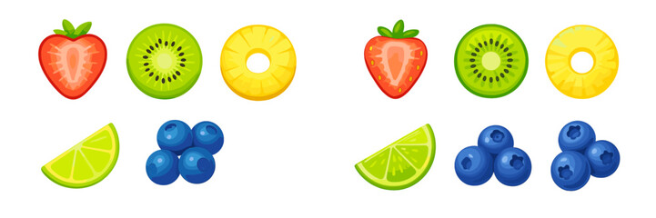 Assortment of fresh sliced and whole fruits including strawberry, kiwi, pineapple, lime, and blueberries