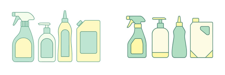 Assortment of household cleaning product containers including spray bottles, pump dispensers, squeeze bottles, and large jugs