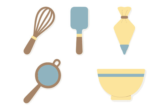 Essential kitchen baking and cooking utensils set including whisk, spatula, piping bag, sieve, and mixing bowl for culinary arts