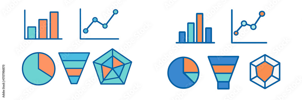Poster set of diverse data visualization charts and graphs for business analytics, financial reporting, and
