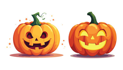 Spooky Pumpkin Delight: Capturing the essence of Halloween with two cheerful pumpkins, each intricately carved with a unique, joyful face and glowing with festive light. 