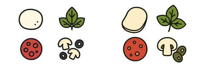 Assortment of fresh pizza ingredients including dough, pepperoni, mushrooms, olives, and basil leaves