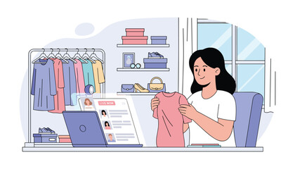Fashionable Endeavor: A vibrant depiction showcases a woman deeply engaged in the fashion retail, meticulously examining a garment while managing her online shop.