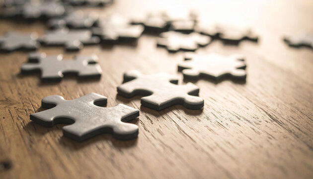 Scattered puzzle pieces on smooth wooden surface.