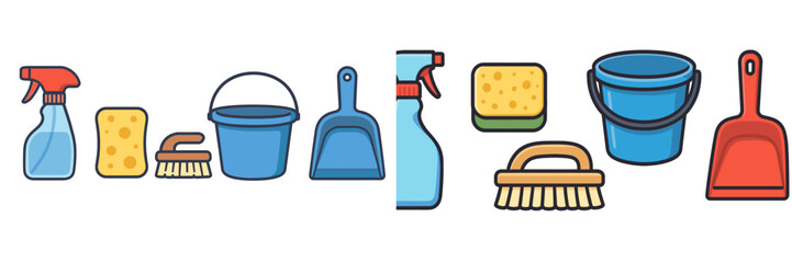 Assortment of essential cleaning supplies including spray bottles, sponges, brushes, buckets, and dustpans for household hygiene