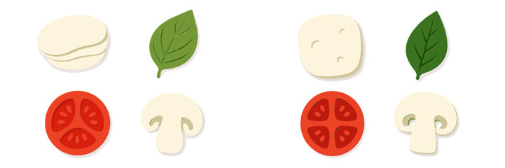Fresh pizza ingredients set with dough, basil, mozzarella, tomato, and mushroom slices in a modern paper cut style