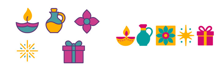 Diwali festival celebration elements with traditional diya lamp, kalash, flower, fireworks, and gift box