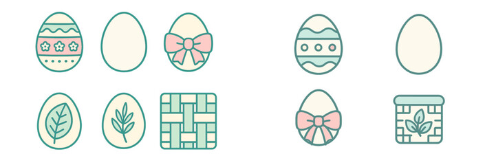 Assortment of charming Easter eggs and spring celebration icons with decorative patterns, bows, and botanical details