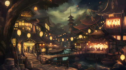 Mystical Asian Village at Night with Pagoda, River, and Glowing Lanterns: A Serene and Enchanting Scene of Traditional Architecture and Cultural Ambiance, Perfect for Fantasy and Travel Themes
