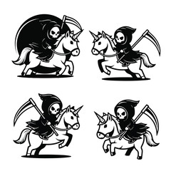 Obraz premium Four stylized illustrations of the Grim Reaper riding a unicorn, each with a slightly different pose and background.