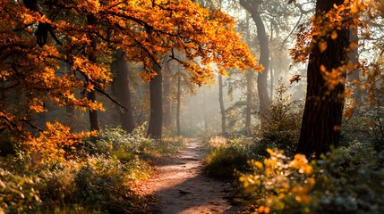 Obraz premium Goldener Herbstpfad im sonnendurchfluteten Wald 