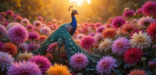 Sunset Garden  A Spectacular Peacock Tail Displayed Amongst Colorful Dahlias Bathed in Golden Hour Light