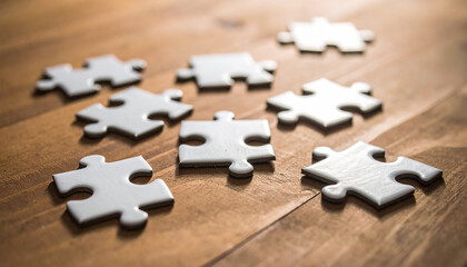 Scattered puzzle pieces on smooth wooden surface.