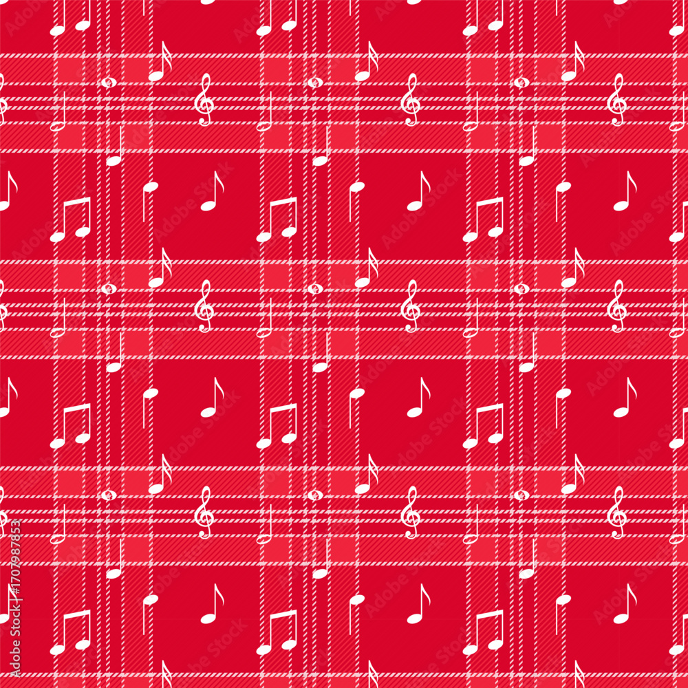 Wall mural plaid repeat pattern with twill weave in red with music notes.christmas, winter tartan check seamles
