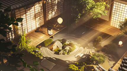 Zen Garden Serenity: A Tranquil Japanese Courtyard with Raked Sand, Lush Greenery, and Soft Light, Evoking Peace and Harmony in a Traditional Setting, Perfect for Meditation and Relaxation Imagery