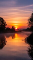 Fototapeta premium Sunrise over Calm Water and Trees.