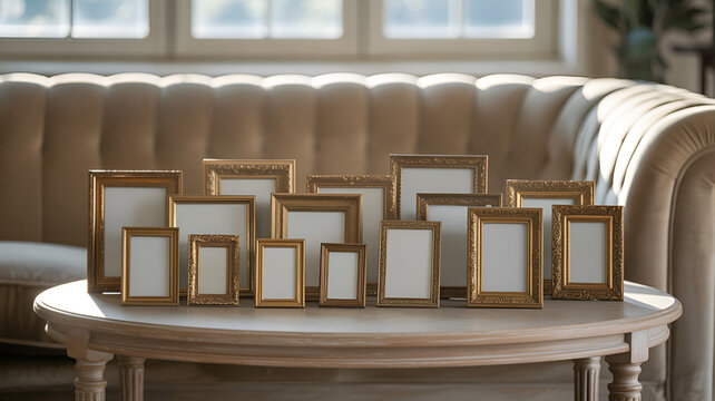Collection of ornate gold picture frames on a table