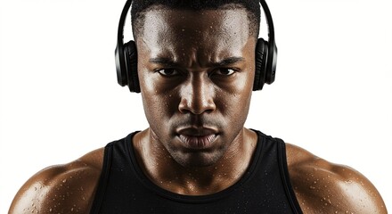 Focused athlete intensely stares ahead. Muscular build, sweat glistening, wearing headphones. Determination and hard work evident.
