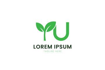 Modern green leaf logo design featuring yu letters and placeholder text