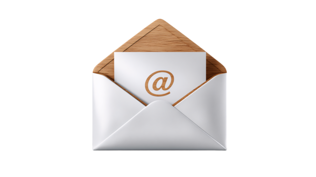 Open envelope with at symbol isolated on transparent background