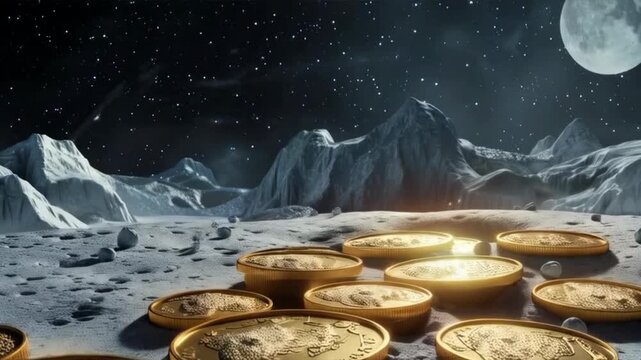 Gold coins on the surface of the moon under a starry sky. Illustration for science fiction projects, financial presentations about the future, space exploration, and creative concepts about space colo