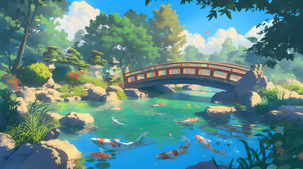 Serene Japanese Garden with Koi Pond, Wooden Bridge, Lush Greenery, and Tranquil Water Reflections, Featuring Vibrant Colors and a Peaceful Atmosphere, Ideal for Relaxation and Nature-themed Projects