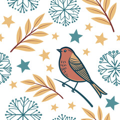 vector seamless pattern with bird, stars and snowflakes