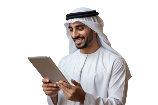 Smiling Emirati man checks business updates on a tablet, connecting cultures with technology and modern communication solutions