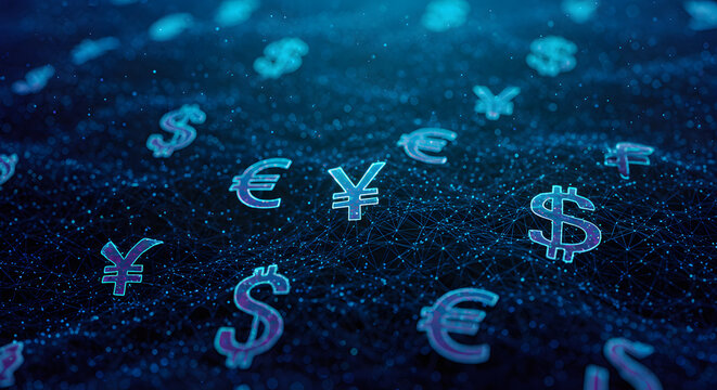 Digital Financial Network: Interconnected Currency Symbols in a Technologically Advanced System Representing Global Economy and Investment Strategies