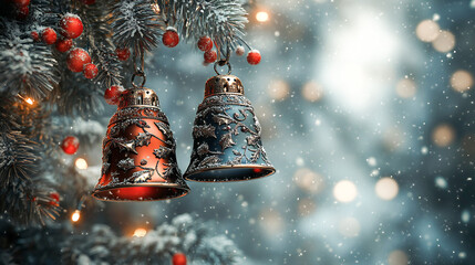 Snowdusted red and black Christmas bells hanging from a tree, 3D illustration, background, no blur, photo not dark, everything is clear, copy space