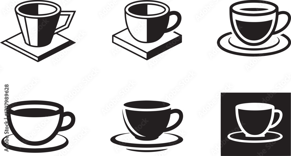 Poster abstract coffee cup icon set featuring various styles on transparent background for design