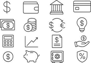 Finance line icon set. Vector pictograms of money, wallet, banking tools, currency symbols, investment chart, financial services, piggy bank, dollar thin linear illustration
