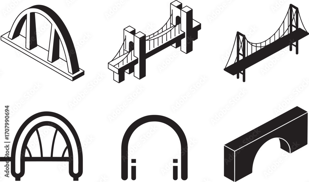 Poster bridge icons vector set showcasing architectural designs for infrastructure and landmark representat