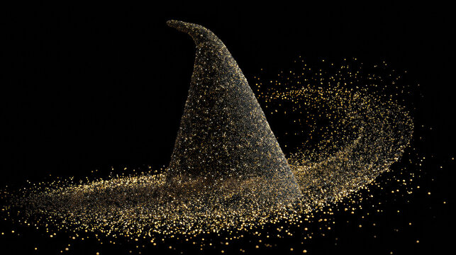 Swirling, glittering witch hat made of golden particles on black background creates magical and enchanting effect