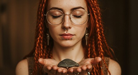 Woman in glasses with red hair and piercings holds a dark stone in her hands. Focus on spirituality, nature, and inner peace.