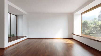 Fototapeta premium An empty room bathed in bright natural light, featuring white walls, shiny wooden floors,