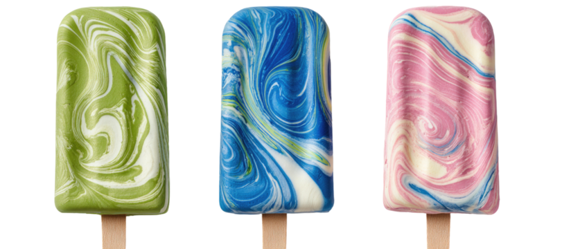 Three multicolored swirl ice pops on sticks