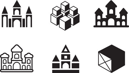 Compilation of Black and White Building Block Icons Representing Construction and Creativity for Designs