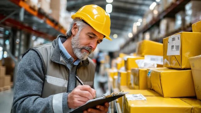 Warehouse Assessment: A focused warehouse worker, protected by a yellow safety helmet, diligently reviews documentation beside neatly stacked packages.